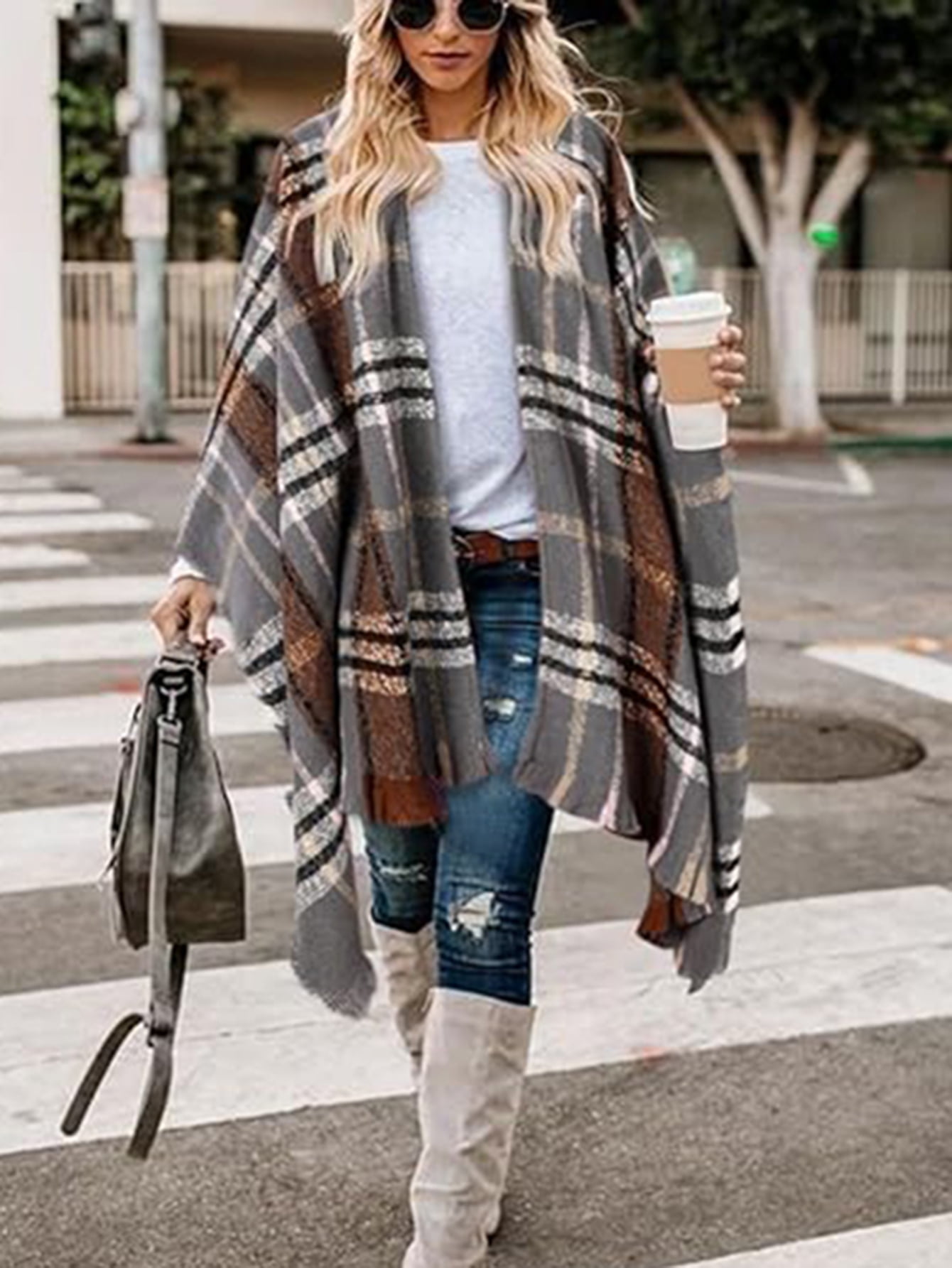 人気ブランド新作豊富 Boho - Poncho Women's Dteck Plaid, Cardigan Tassel Knitted Clothing
