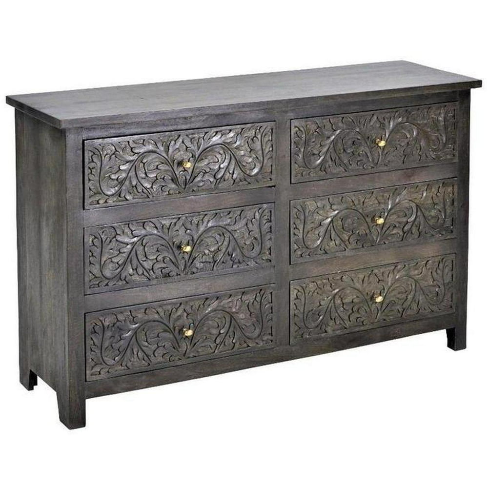 58" Dark Wood Hand Carved Double Dresser for Bedroom "Mel" Collection