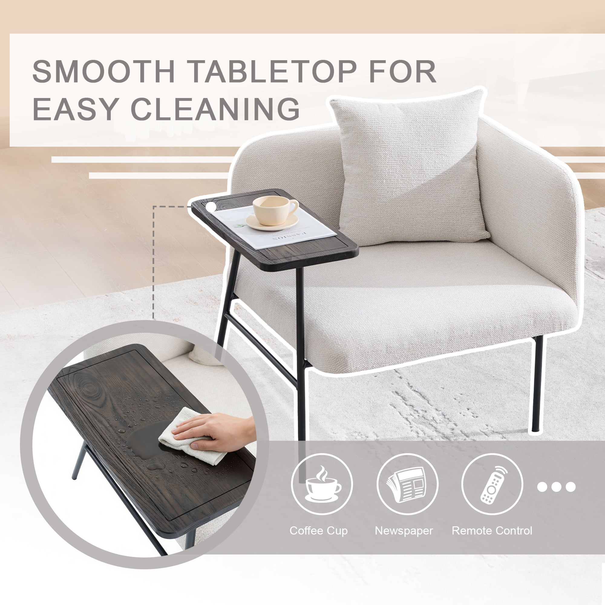 Leisure Lounge Chair with Side Table and Back Pillow, Modern Upholstered Accent Armchair Single Sofa with Metal Legs and Side Pockets, Living Room Bedroom Reading Seating, Beige