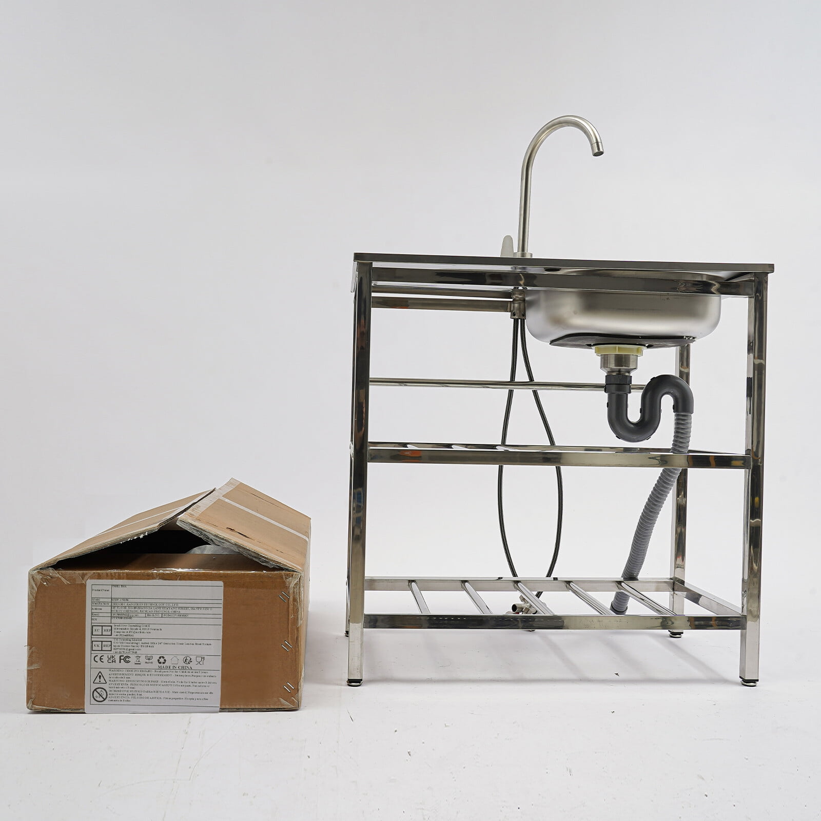 DUYIWAA Freestanding Stainless Steel Kitchen Sink with Faucet, Outdoor Utility Sink, 2-Tier Storage Rack, and Workbench for Dishwashing & Food Prep
