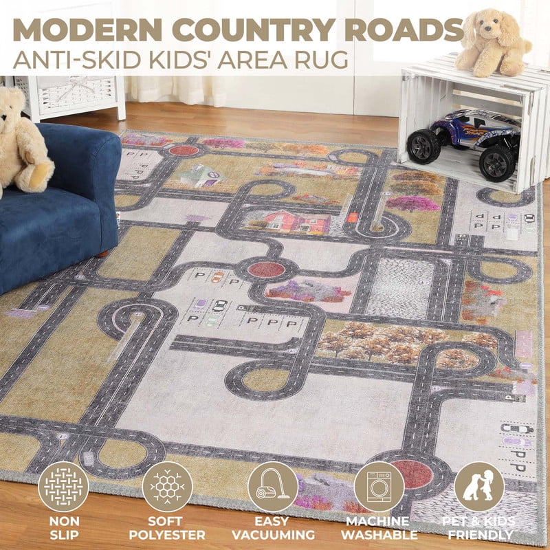 Superior Country Road Non-Slip Washable Indoor Play Rug, 5' x 5', Mossy Gold