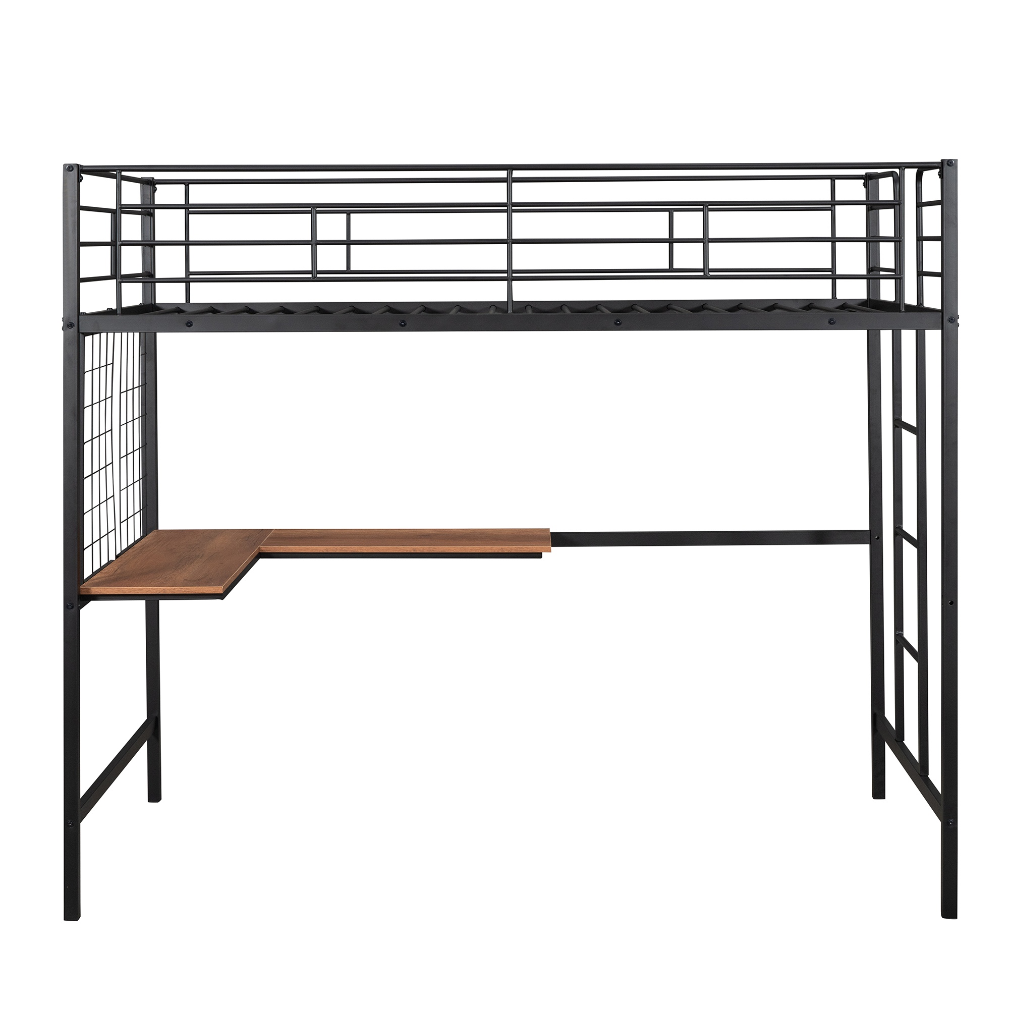 Gewnee Twin Size Metal Loft Bed Frame with L-Shape Desk and Metal Grid for Kids,Teens, Black