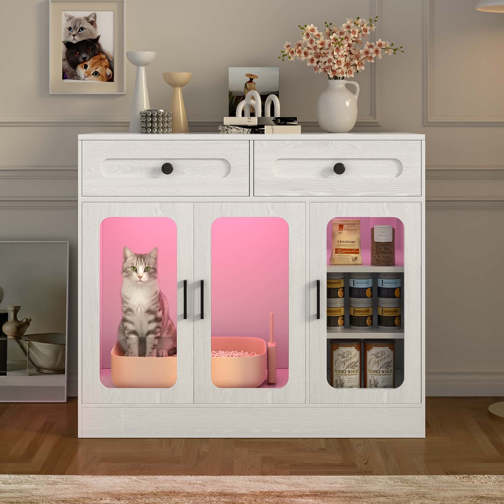 Cat Litter Box Enclosure with Glass Door and Side Access, Hidden Kitty Cabinet with Storage Drawers and Built-in Light, Indoor Cat House Side Table, White