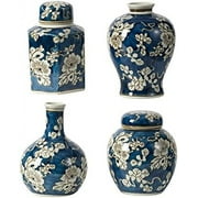 A&B Home Blue and White Ceramic Jar Set of 4 - Hand Painted Floral Pattern, Blue Vases with Lids, Home Dcor Storage Solution, Hot Glazed, 4'' to 7'' Tall