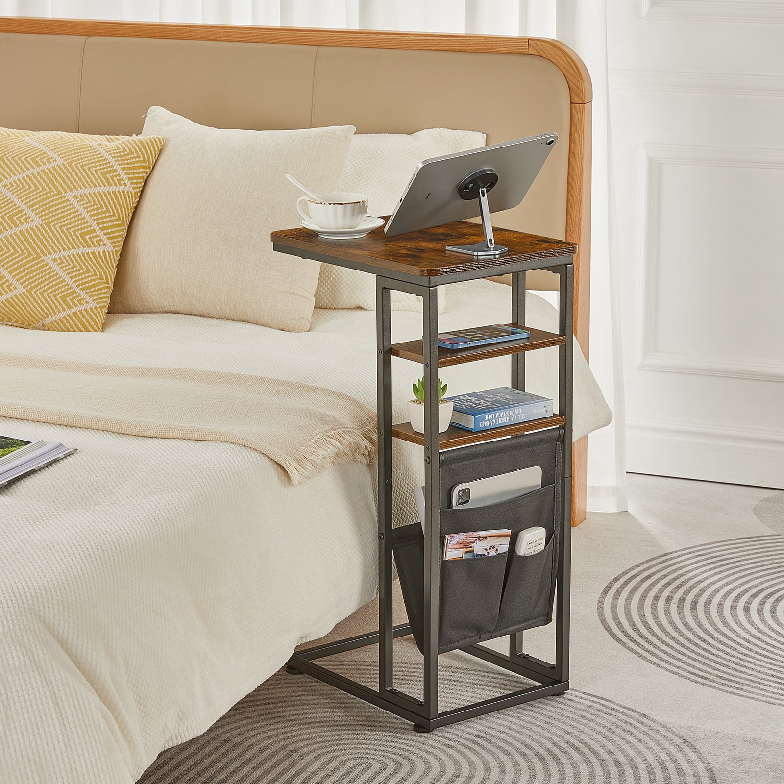 ZEXVIDA C Shaped Side Table, 3 Tier Sofa End Tables with Storage Bag, Sturdy Slide Under Sofa Slim Side Tables with Metal Frame for Small Spaces, Living Room, Bedroom, Industrial (Rustic Brown)