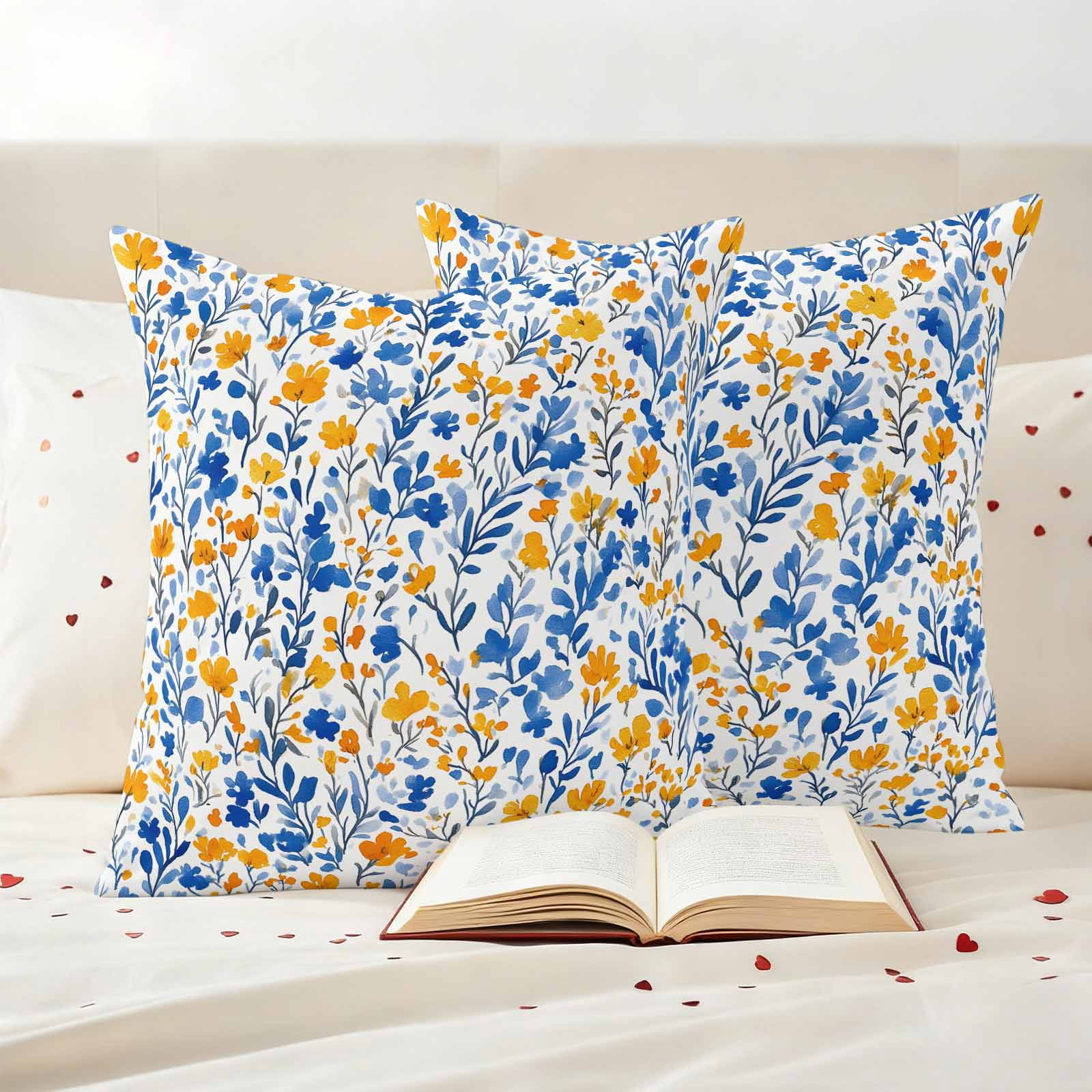 Watercolor Lake Pillow Covers 2 Pack Blue and Yellow Floral Leaves Spring Plant Pillowcase Waterproof Outdoor Throw Pillow Cover for Patio Garden Square Cushion 16”x16”
