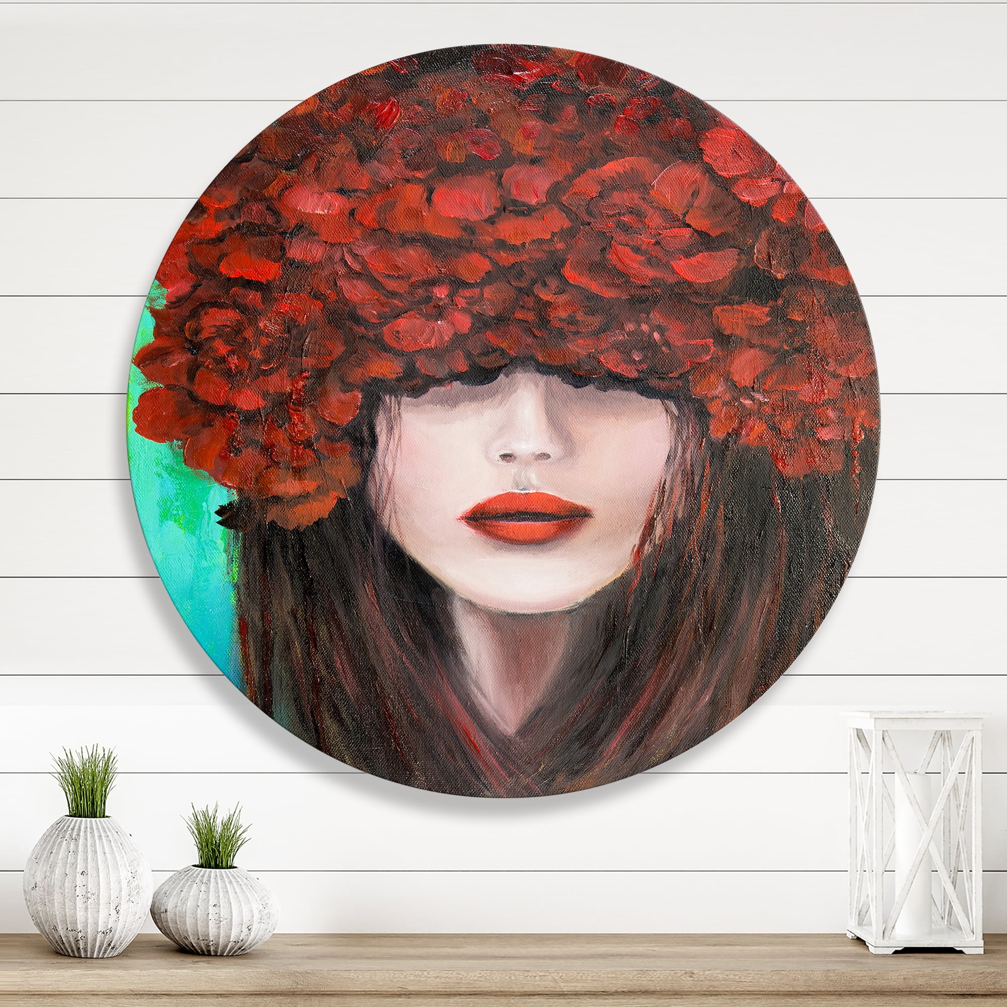 Designart 'Portrait Of A Young Lady With Red Flowers' Modern Circle Metal Wall Art 11x11 - Disc of 11