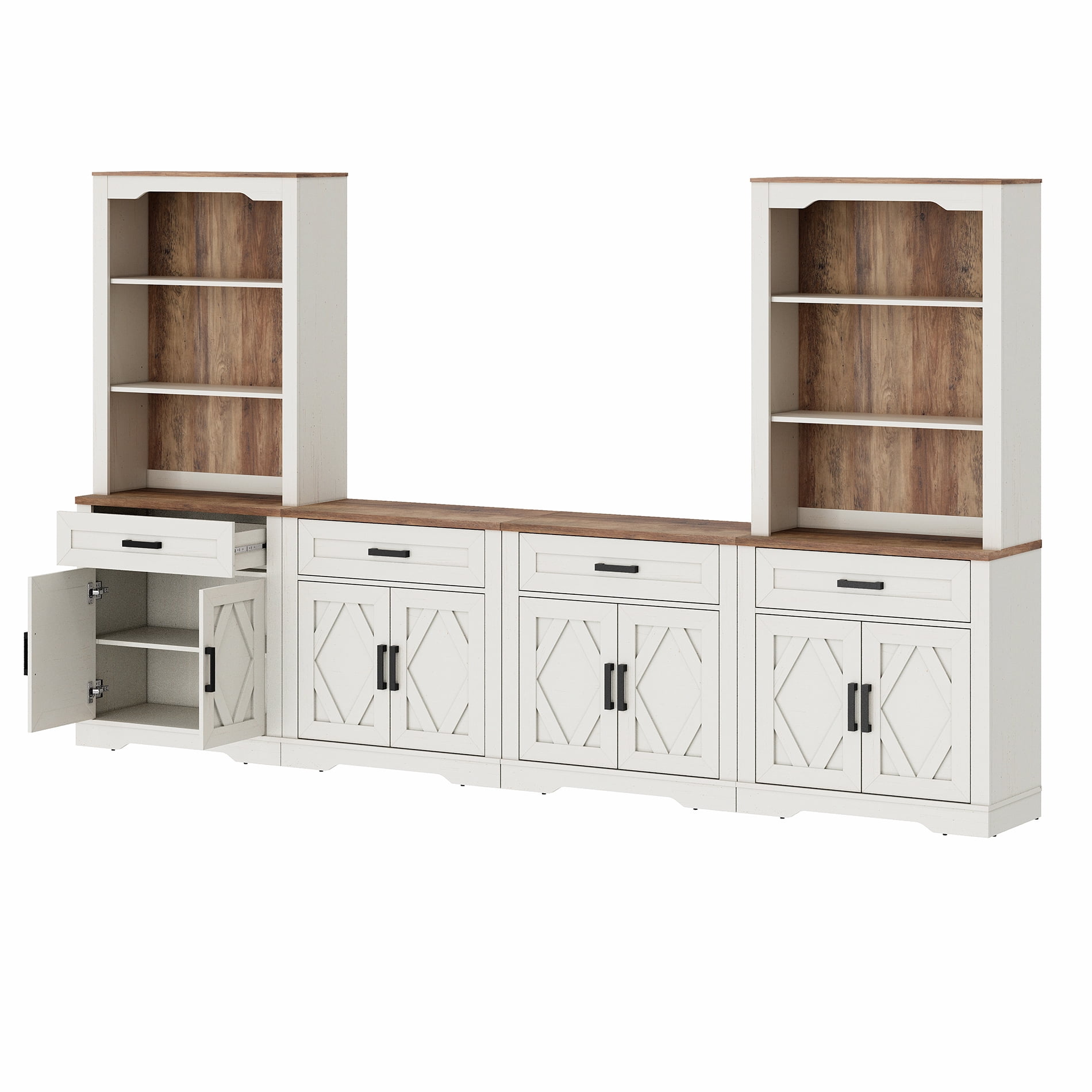 WAMPAT Farmhouse Entertainment Center with Bookshelf for TVs up to 70",Modern TV Stand with 73"H Tall 5-Tier Bookcase with Open Storage and Barn Doors for Living Room,Bedroom,Antique White