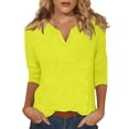 thumbnail image 2 of UoCefik Blouses for Women Plus Size With 3/4 In Sleeves Summer Casual V Neck Solid Tops Holiday Loose Fit Elbow Three Quarter Length Sleeve T Shirts Boho Vintage Tee Dressy Pullover Yellow M, 2 of 4