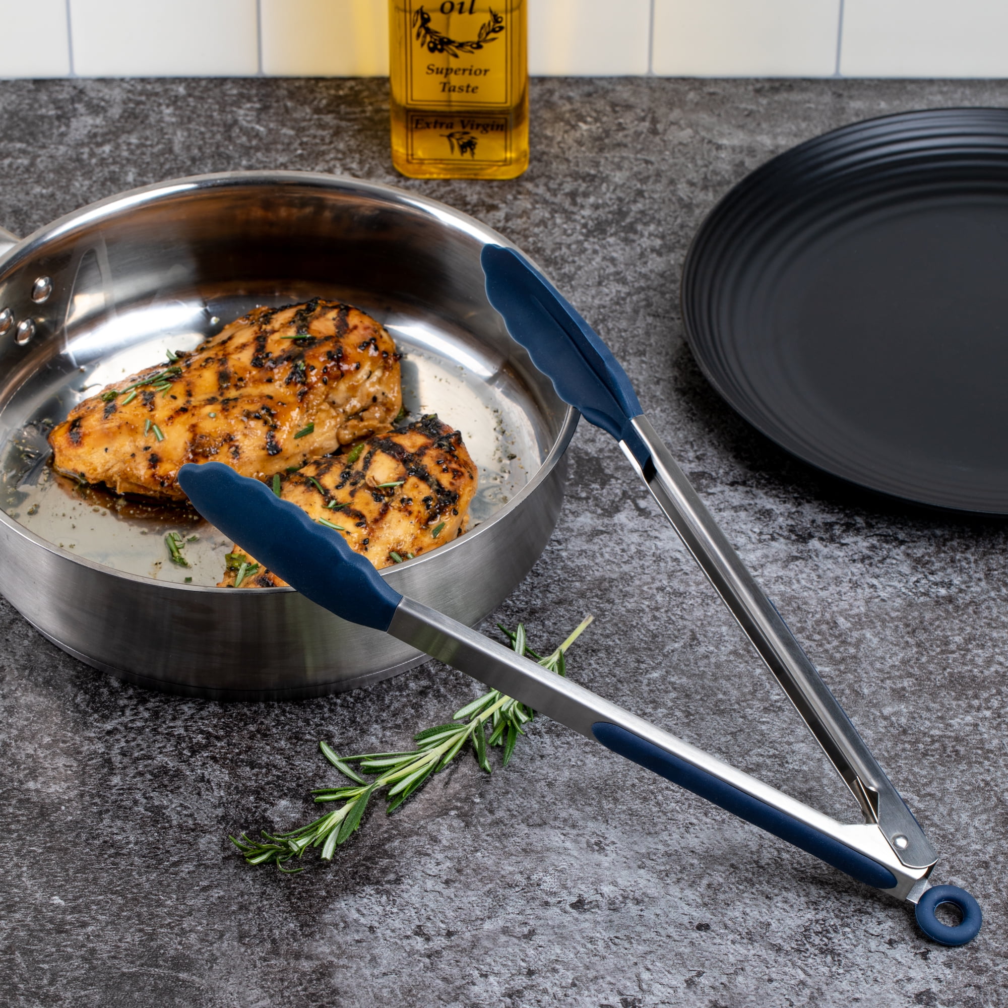 Thyme & Table 12" Stainless Steel and Silicone Locking Tongs, Navy