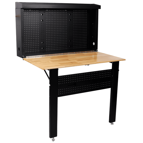Wall Mounted Workbench Saves Space, Folds & Has Pegboard, Rubberwood Top