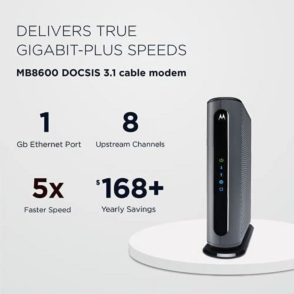 Motorola MB8600 DOCSIS 3.1 Cable Modem, 6 Gbps Max Speed. Approved for Comcast Xfinity Gigabit, Cox Gigablast, and More, Black