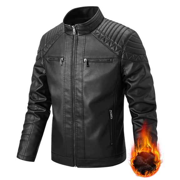 LEDUNTINO Men's Stand Collar Winter PU Faux Leather Fleece Lined Zip-Up Motorcycle Bomber Jacket Slim Fit Biker Coat
