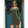 thumbnail image 4 of Womens Dresses U Neck Long Sleeve Casual Ribbed Knit Slim Fitted Basic Bodycon Mini Pencil Dress  Green S, 4 of 9