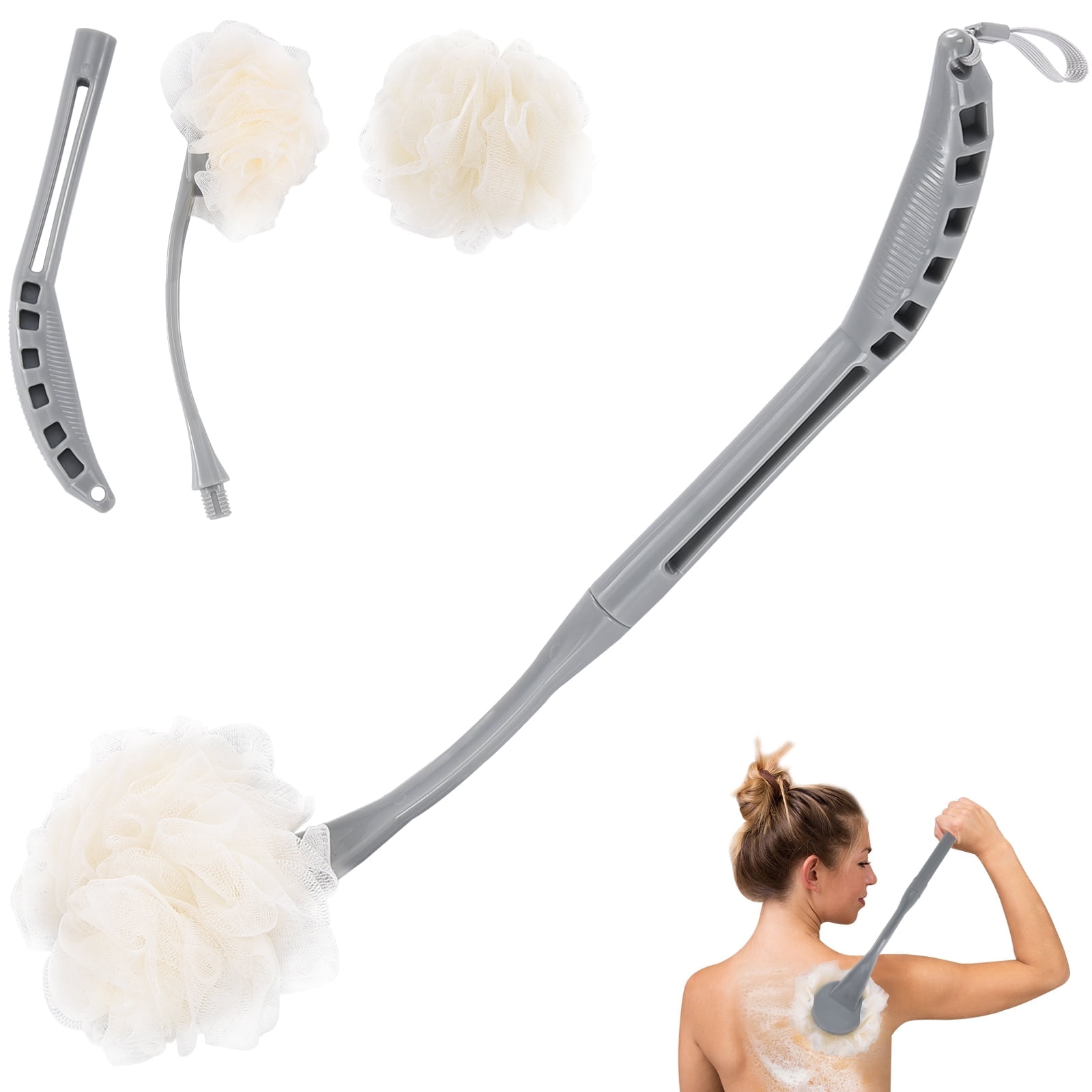 BTideas Shower Loofah with Handle, 20.5” Loofah Back Scrubber, Cleansing Exfoliation for Adult, Gray
