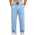 thumbnail image 1 of GrmtClth Casual Pants for Men Drawstring Elastic Waist Lightweight Linen Pants Loose Fit Straight Legs Beach Trousers with Pockets Light Blue S, 1 of 7