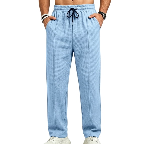 GrmtClth Casual Pants for Men Drawstring Elastic Waist Lightweight Linen Pants Loose Fit Straight Legs Beach Trousers with Pockets Light Blue S