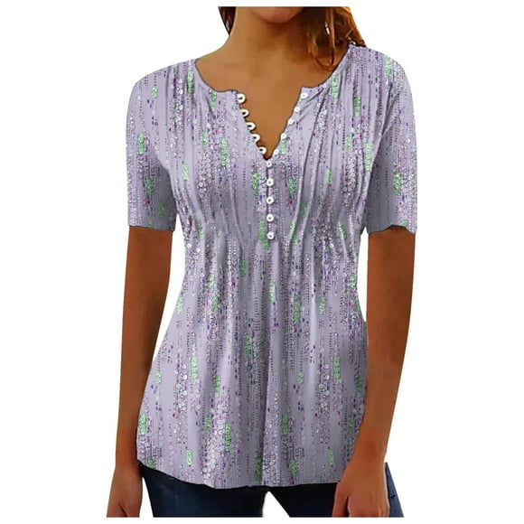 TSADFHJI Chiffon Tops for Women Elegant Women Shirt Comfortable T Shirt V Neck Tunic Tops Buttons Blouse Short Sleeve Summer Tops Xxl Purple