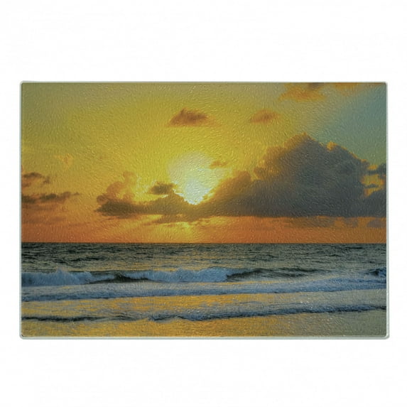 Ocean Cutting Board, Morning at the Beach in Brazil the Sun Rays Through the Clouds over Sea Sunset Image, Decorative Tempered Glass Cutting and Serving Board, Small Size, Orange Grey, by Ambesonne