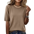 thumbnail image 2 of Summer Short Sleeve Sweater for Women 2026 Casual Crew Neck Oversized Sweater Lightweight Knit Pullover Tops Khaki 2XL, 2 of 7