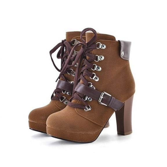 Wavsuf Winter Boots for Women on Flock Short Ankle-High with High Heel Round Toe Thin Tie Hip Thermal with Fuzz Brown Shoes Size 43