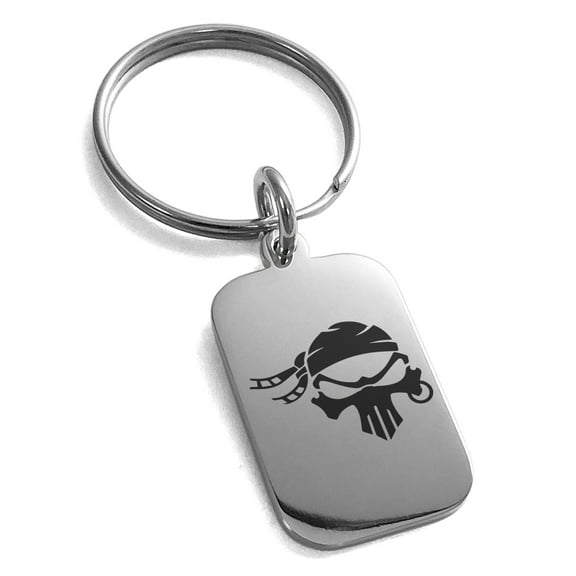 Tioneer Stainless Steel Pirate Bandit Skull Engraved Small Rectangle Dog Tag Charm Keychain Keyring