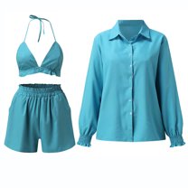 REORIAFEE Women Outfit Summer Workout Set Country Concert Outfit Women's Summer Three Piece Print Lantern Sleeve Shirt Shorts Sexy Strap Fashion Casual Set Blue XL