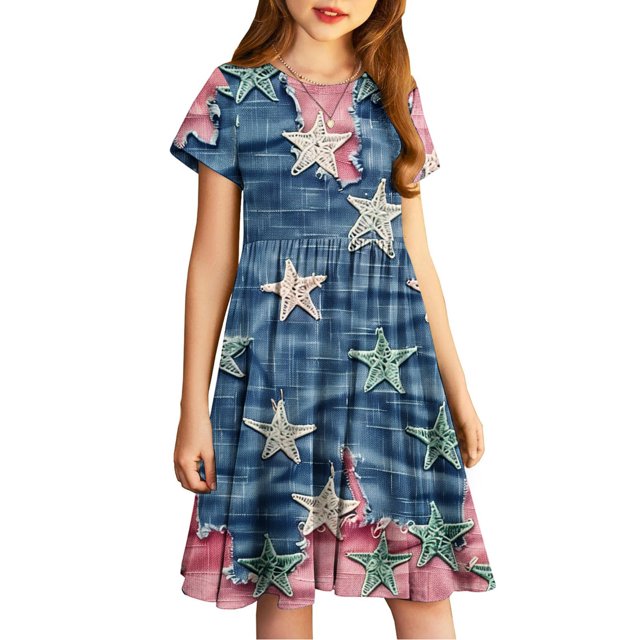 yoeyez Robe Fluide pour Filles Mode pour Enfants Robe Maxi Imprimée Manches Courtes Col Ras du Cou à Volants Plissée Robe Soleil Fluide Décontractée Midi Multicolore, 9-10 Ans