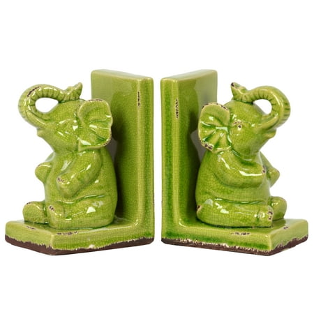 Urban Trends Collection: Stoneware Elephant Bookend Gloss Distressed Finish Green