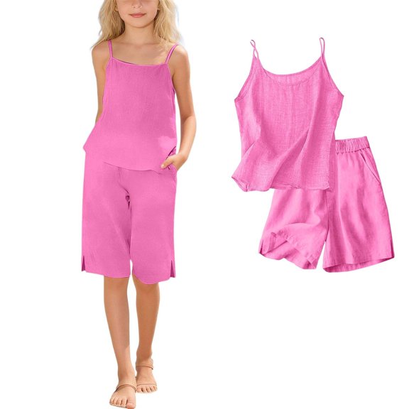 Girls Clothes Summer 2 Piece Outfit Set Pink Sleeveless Camisole Top and Shorts Kids Fashion Clothing Sets 13-14 Years