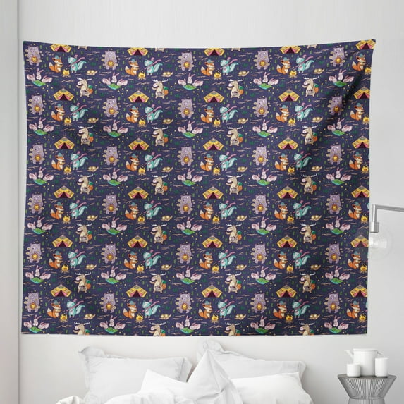 Adventure Tapestry, Camping Concept of Wild Forest Animals Animals Moose Fox Deer and Bear, Fabric Wall Hanging Decor for Bedroom Living Room Dorm, 5 Sizes, Multicolor, by Ambesonne