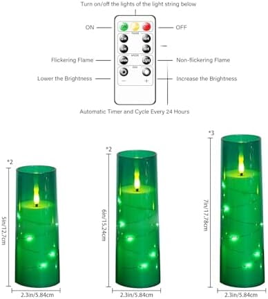 Flameless Candles,with Embedded Star String, Battery Operated Candles Flickering LED Pillar Candles with Remote Control and Timer, Home Decoration Add a Warm and Romantic Atmosphere，Set of 7 (Green)