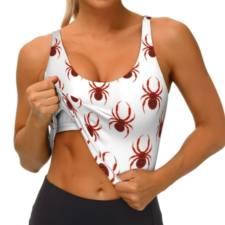 Qokaie Spiders Insects Pattern Womens Scoop Neck Sports Bra Breathable Workout Vest Padded U Back Medium Impact Fitness Gym Yoga Bra Workout Crop Top