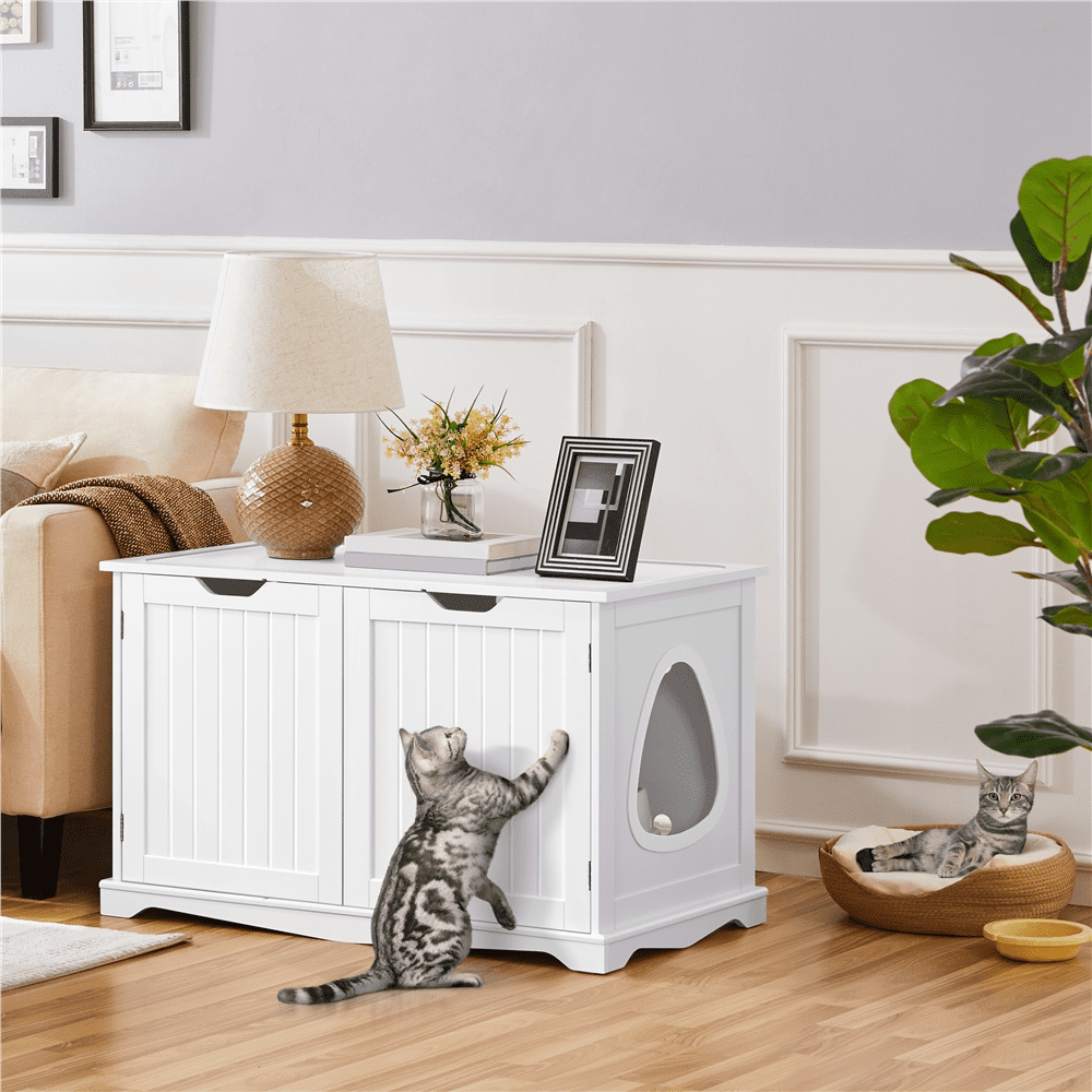 Renwick Wooden Cat Litter Box with Divider, White