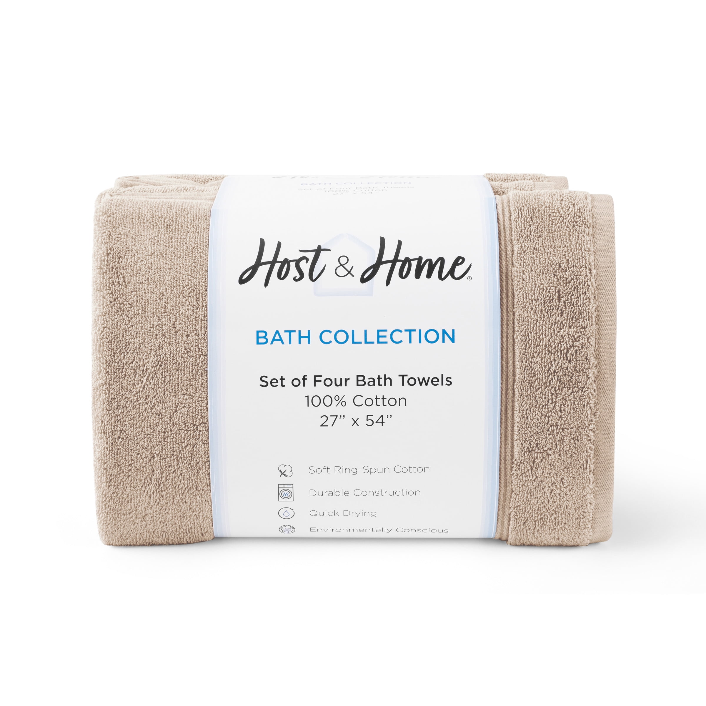 Host & Home Cotton Bath Towels (4 Pack) - 27x54 in., Soft & Absorbent - Latte Beige