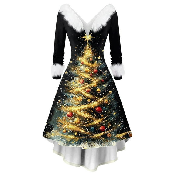 Christmas Dresses for Women Women's Fashion Elegant Autun And Winter Long Sleeve V-Neck Christmas Print Dress for Holiday Party,Gold,L