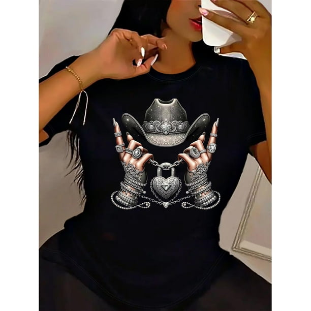 Western Cowgirl Graphic Tee - Casual Crew Neck Short Sleeve T-Shirt, Breathable Cotton, Women's Fashion