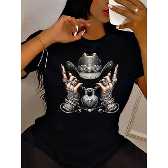 Western Cowgirl Graphic Tee - Casual Crew Neck Short Sleeve T-Shirt, Breathable Cotton, Women's Fashion