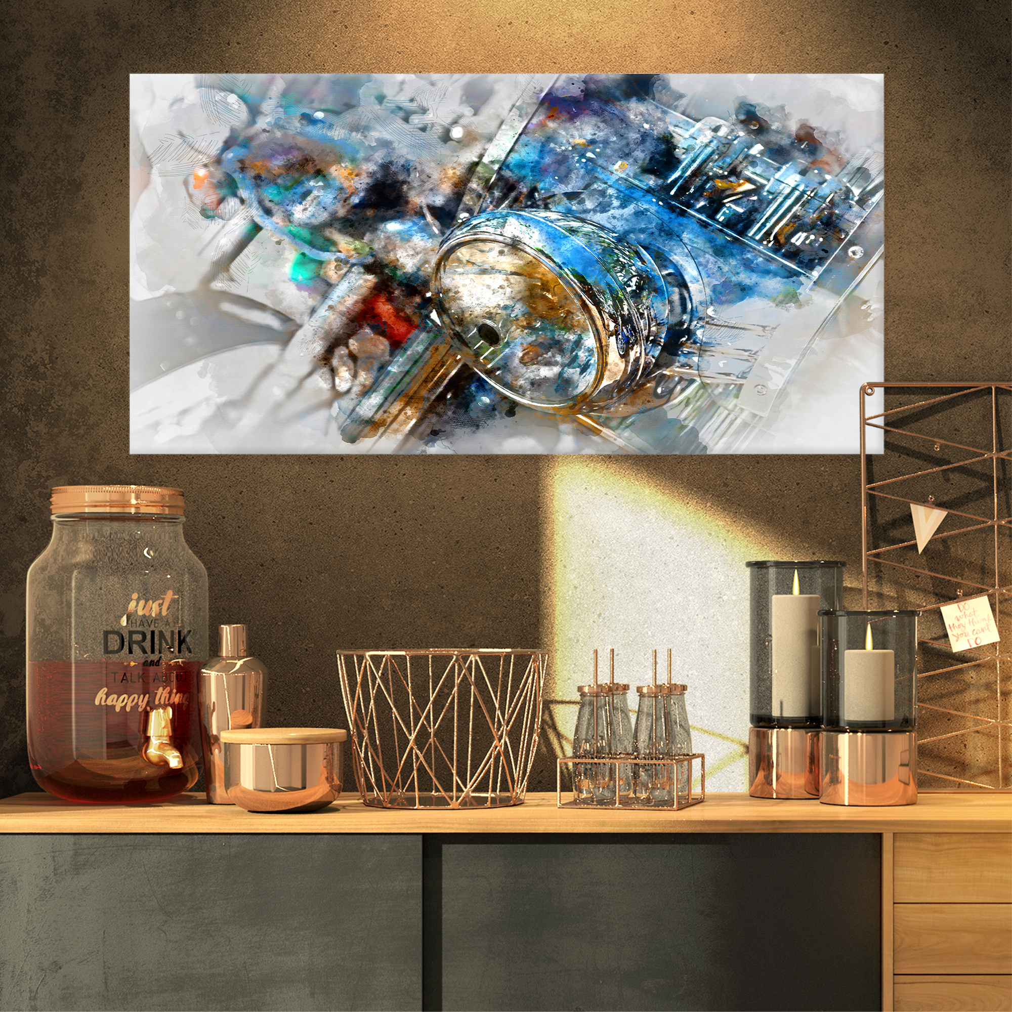 Designart 'Motorcycle Headlight Watercolor ' Contemporary Canvas Art Print