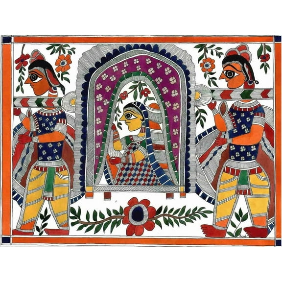 Dulhan on Doli, Madhubani style painting, Hand painted, Watercolour and Ink on paper. Wall Décor, Home Décor, Wall Art, Collectible