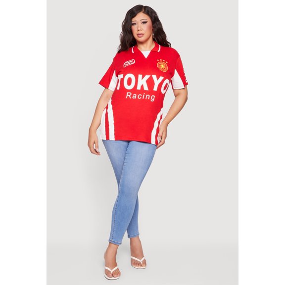 Women's Plus Size Color Blocked Tokyo Racing Graphic Polo Top