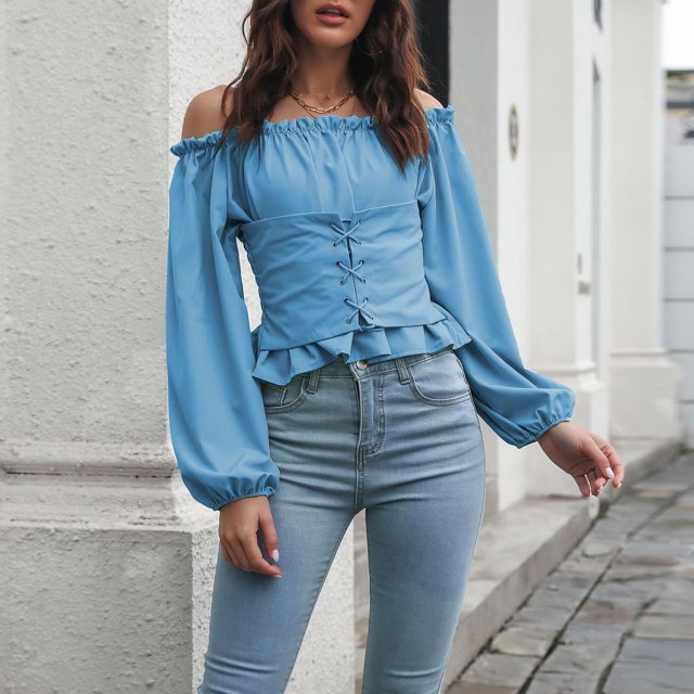 Camisa de manga abullonada, Tops largos con hombros descubiertos y mangas abullonadas para mujer, camisetas con hombros descubiertos, diseñadas a medida