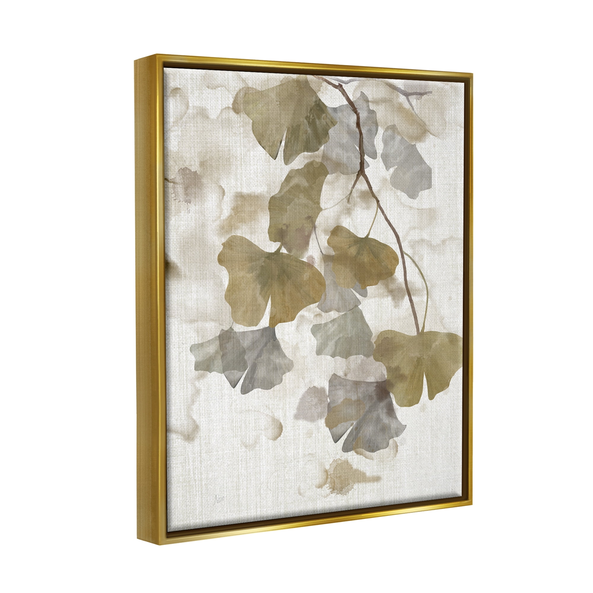 Stupell Industries Neutral Gingko Leaves Botanical & Floral Painting Gold Floater Framed Canvas Art Print Wall Art, 25 x 31