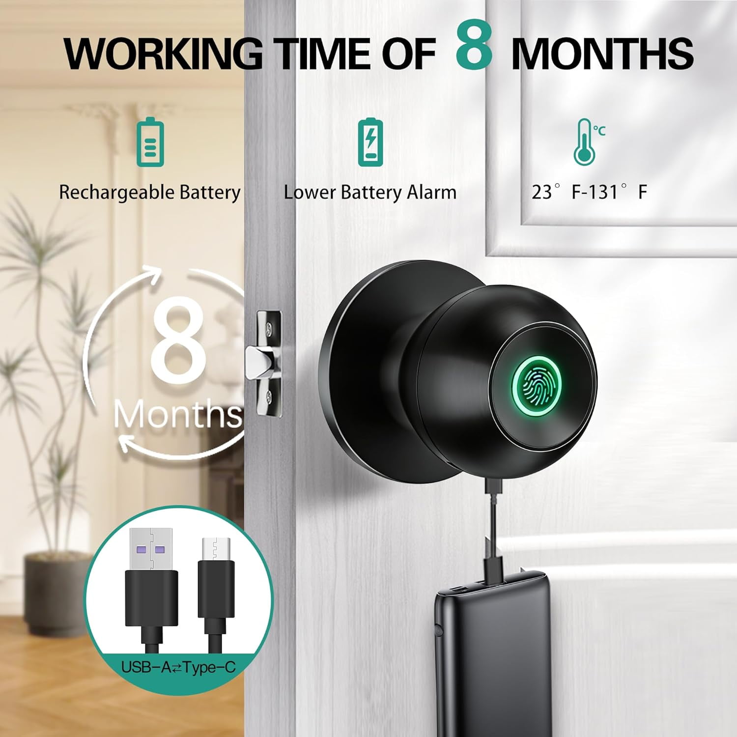 Smart Door Knob, Fingerprint Door Lock with App Control, Auto-Lock, Easy Installation, Great for Bedrooms, Cloakroom, Apartments, Offices (Black)