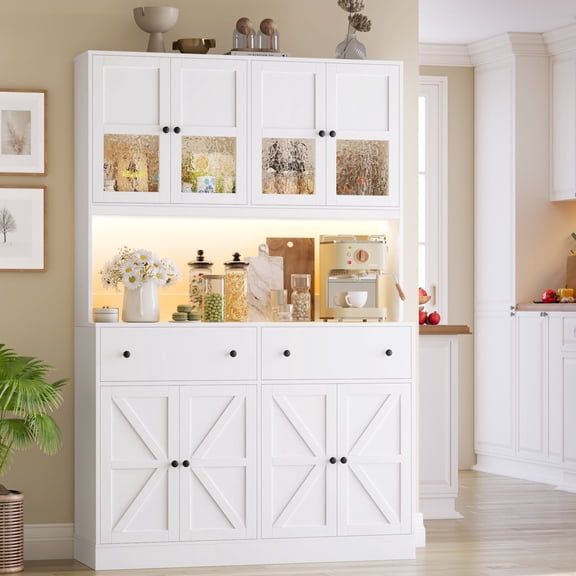Homfa 71" Tall Kitchen Pantry Cabinet with LED Lights & Charging Station, MDF Freestanding Storage Cupboard with 8 Doors 2 Drawers, Buffet Cabinet with Storage for Dining Living Room, White