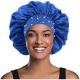thumbnail image 2 of Gorro Gorro Gorro Satén Estiramiento Cuidado nocturno Ducha para el cabello de ala ancha Cuidado del cabello Uso Onda y rizo del cabello (Azul), 2 of 5