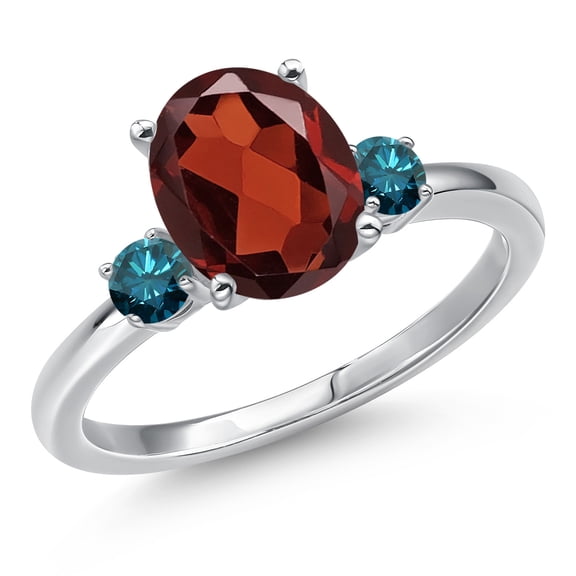 Gem Stone King 14K White Gold Red Garnet and Blue Diamond Engagement Ring for Women | 3.00 Cttw | Oval 10X8MM | Gemstone January Birthstone | Size 5