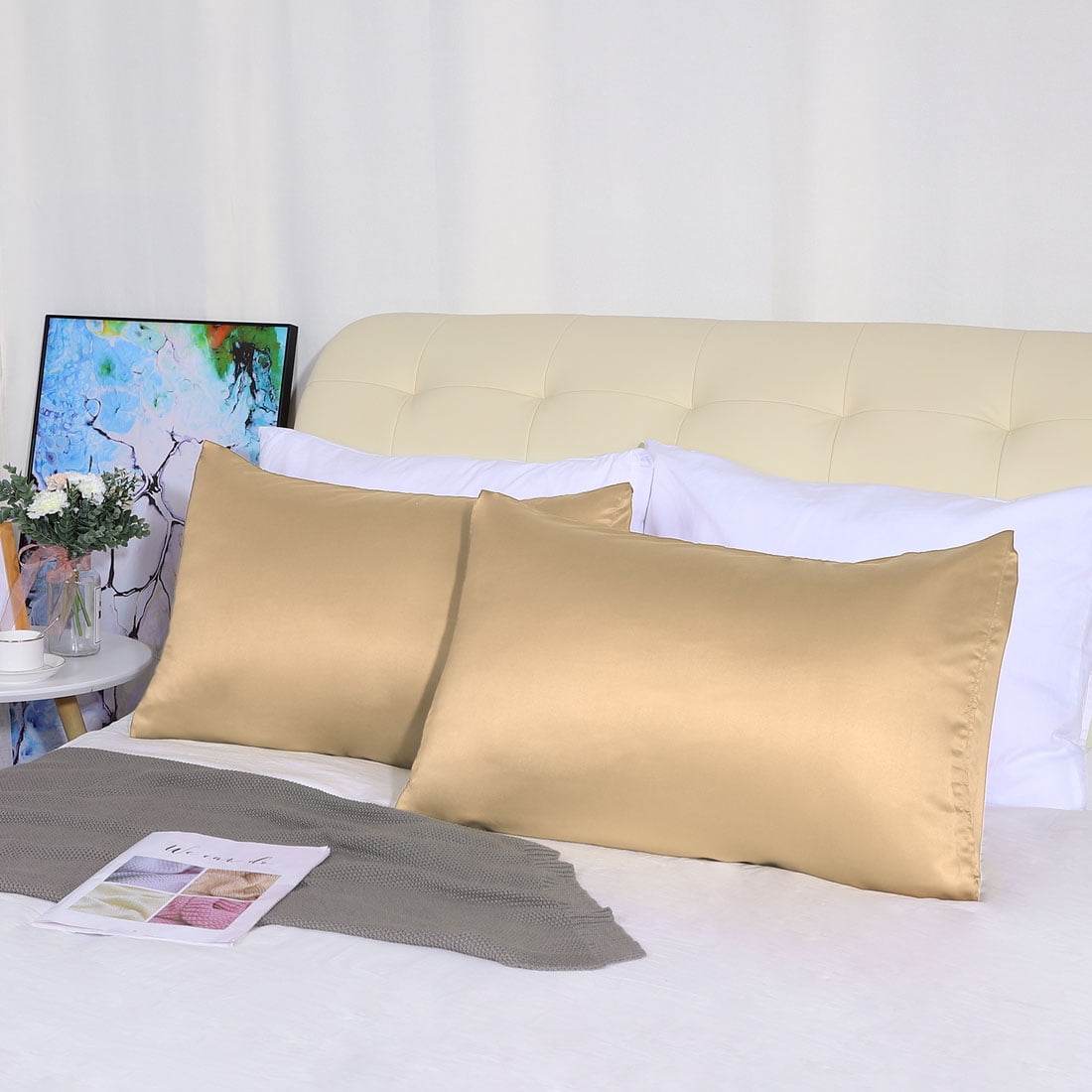 Unique Bargains Silky Satin Pillow Cases Covers Set of 2 Caramel King