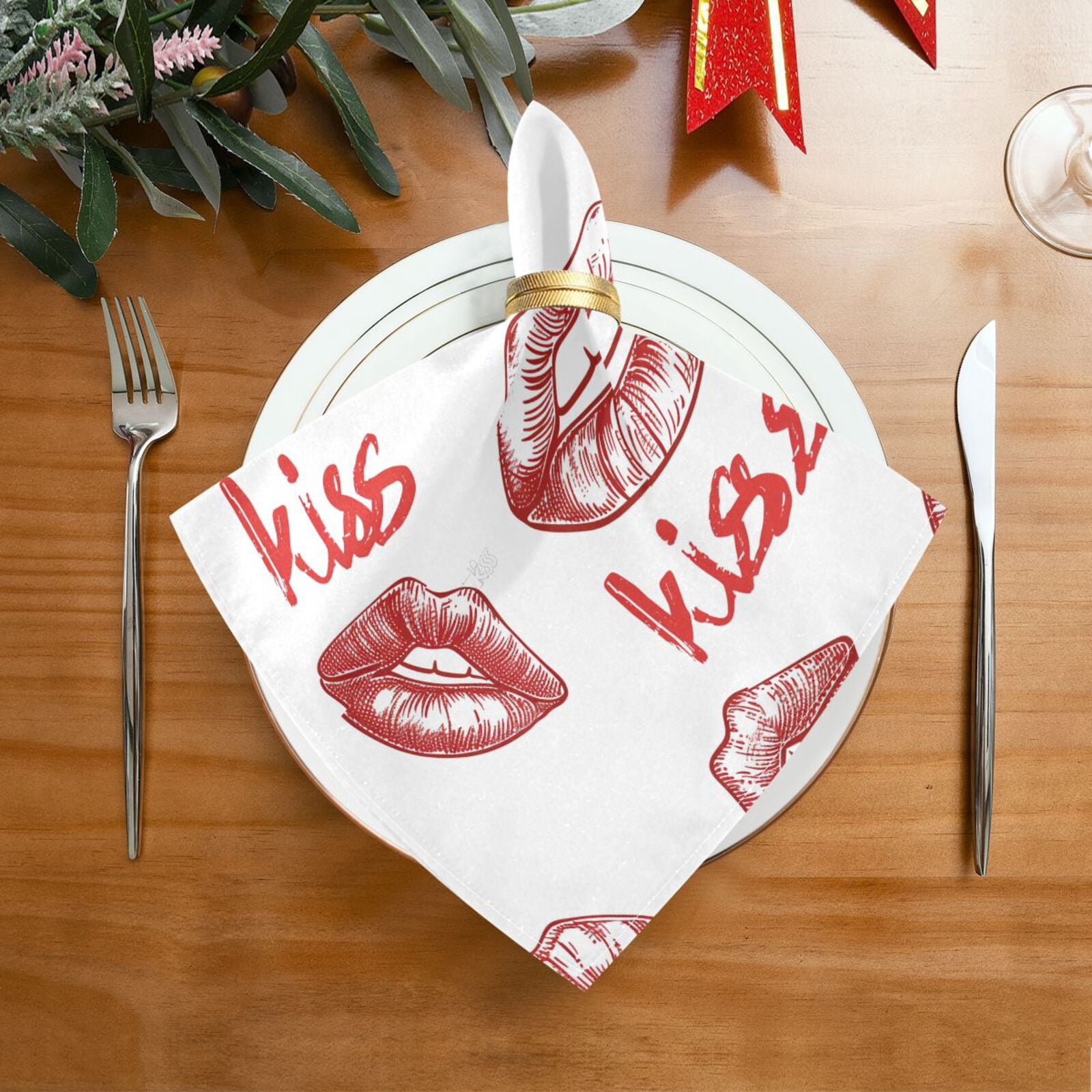 JSTEL Kiss Red Lips Cloth Napkins Set of 6, 20x20 Inch Washable and Reusable Napkin for Decoupage Dinner Party Everyday Use