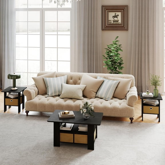 Coffee Table for Living Room 3 Piece Set, Modern Center Tables with Storage Bin, 2-Tier Coffee Table and End Table Sets for Apartment Home Office Dark/Light Brown